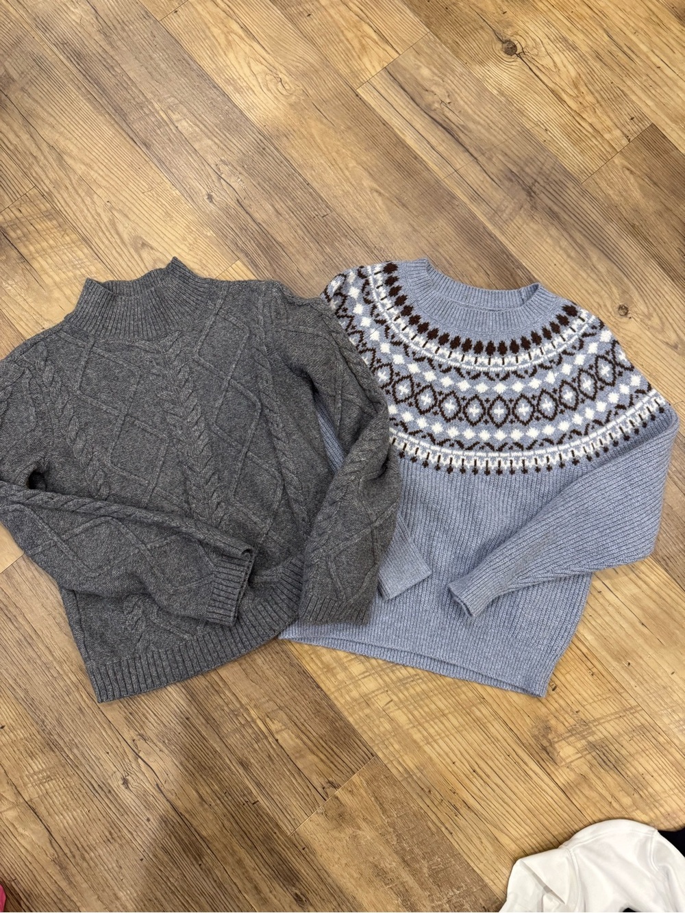 LOFT Charcoal Cable Knit & Light Blue Fair Isle Crewneck Sweaters